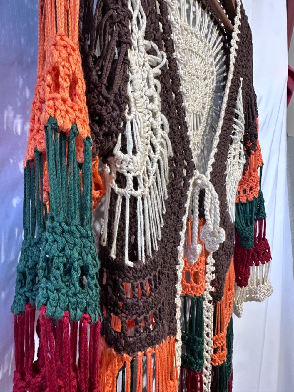 NOBLITA Crochet Fringe Duster Boho Festival Southwestern Open Knit - Picture 3 of 7